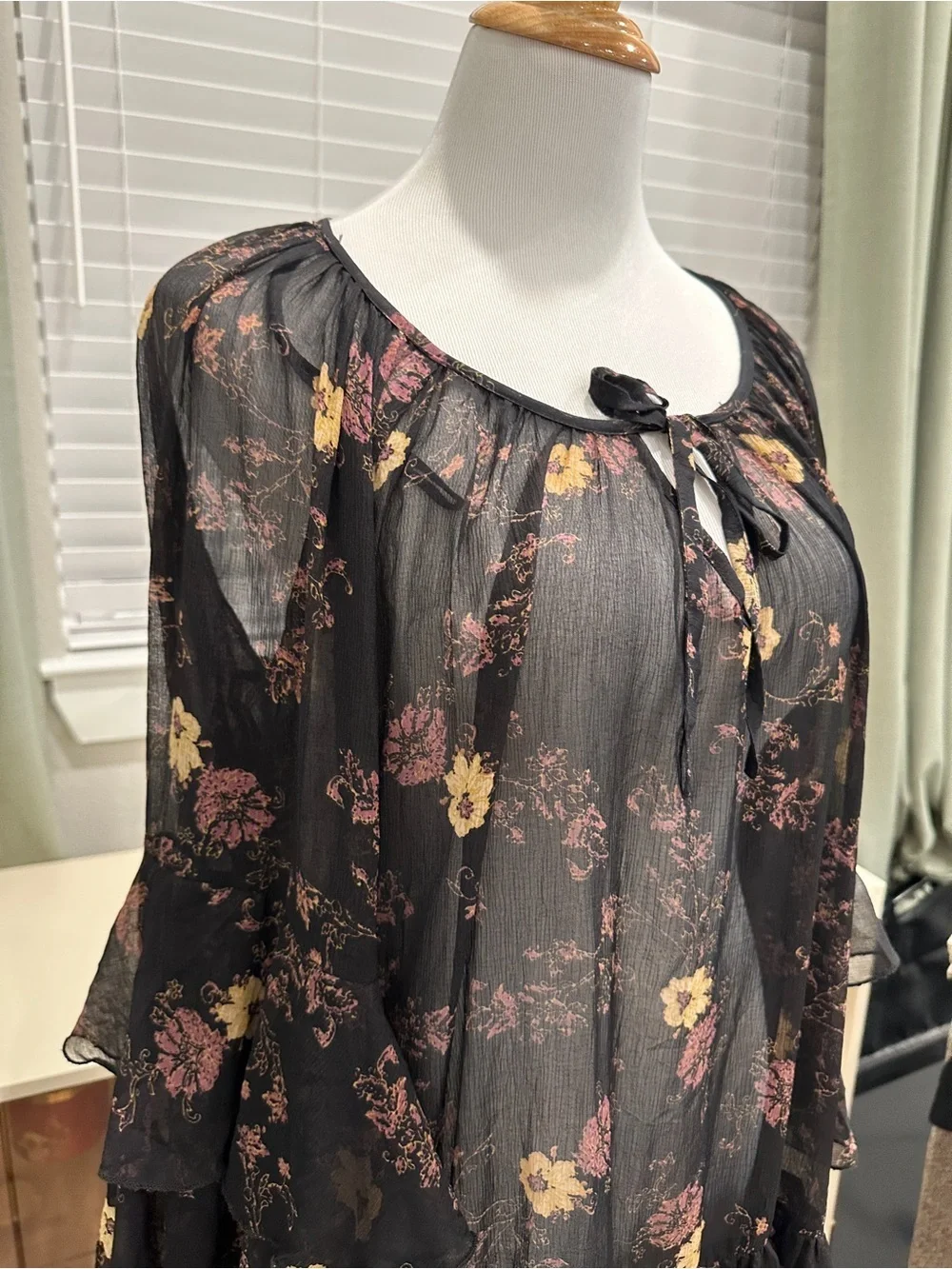 Free People Black Sheer Floral Tie-Neck Blouse